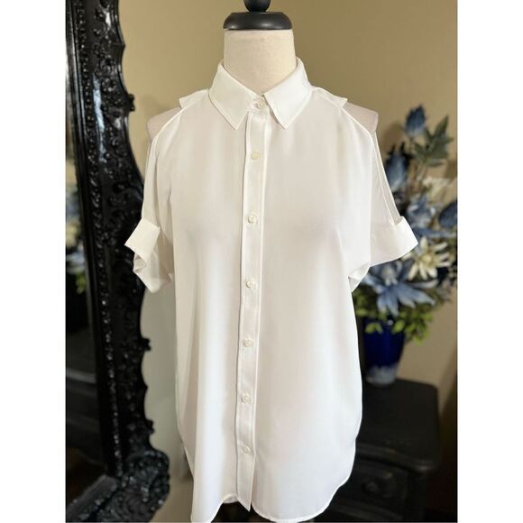 MICHAEL Michael Kors Short Sleeve Cold Shoulder Sheer Blouse Size S - Picture 1 of 4